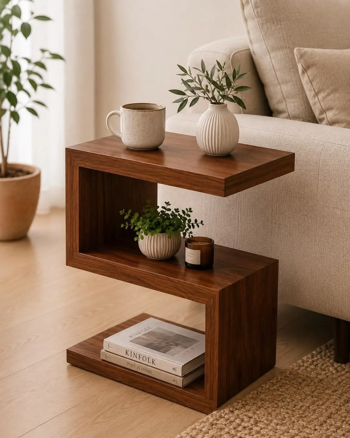 Mesa auxiliar de nogal con forma de S al lado de un sillón, con una taza, un florero y libros