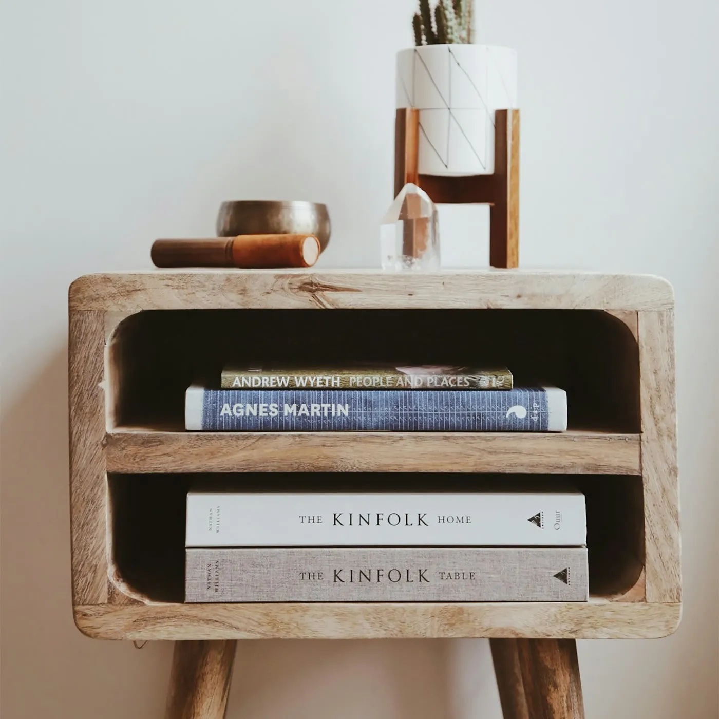 Mesa de luz de madera maciza con dos huecos llenos de libros y revistas, con una maceta encima