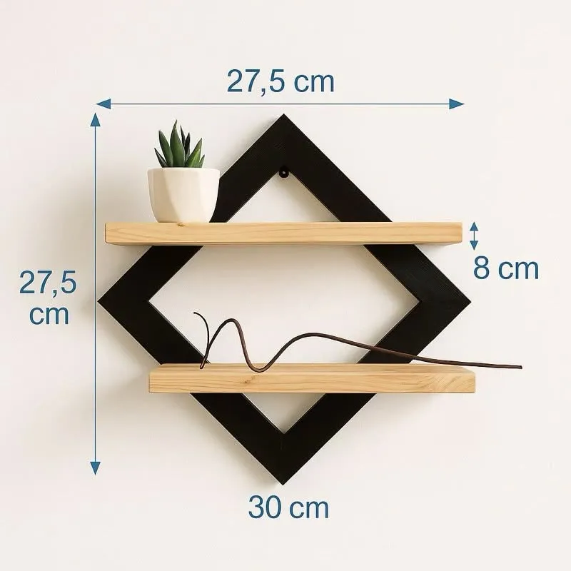 Estante de pared con marco negro en forma de rombo y dos estantes de pino, con sus medidas marcadas